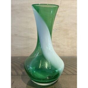 Vintage Green Bud Vase White Swirled Glass Opaline Retro VTG